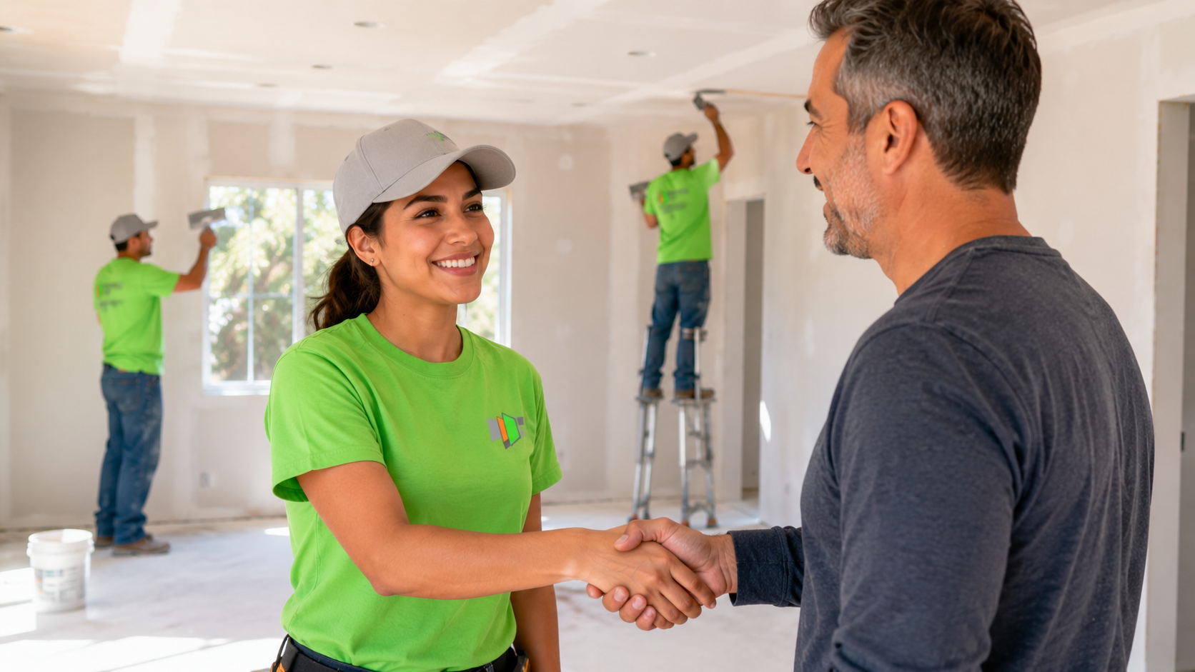 Professional drywall finishing team completing smooth wall installation inside a modern Los Angeles home.